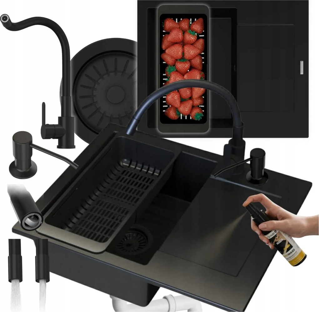 Gránit mosogató fekete egymedencés Mosogató Szett Bello csaptelep szifon