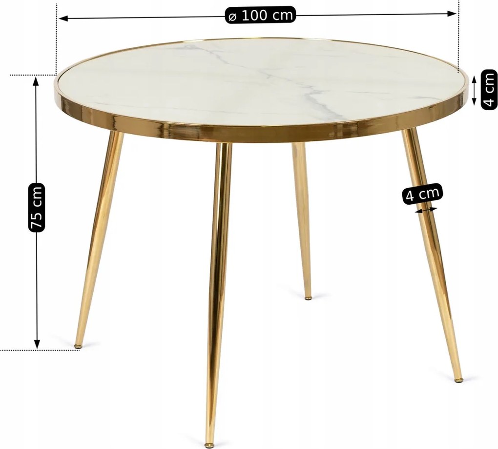 Stół TINGA 100 cm Szklany Biały Marmur/Złoty