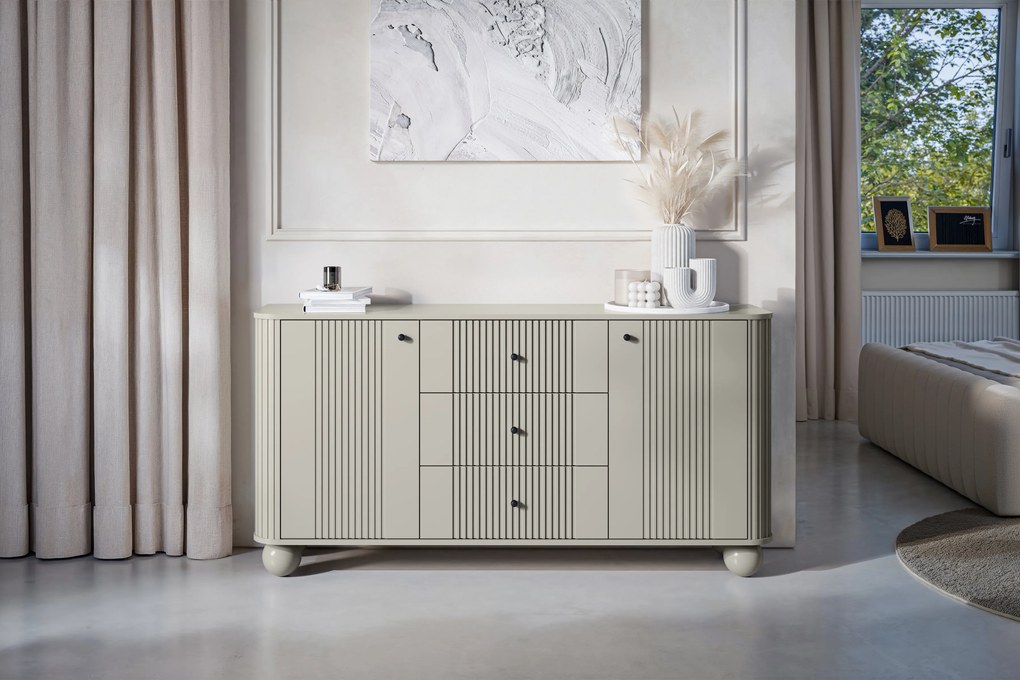 Vesper fiókos komód 160 cm - kasmír / fekete fogantyúk / gömb lábak