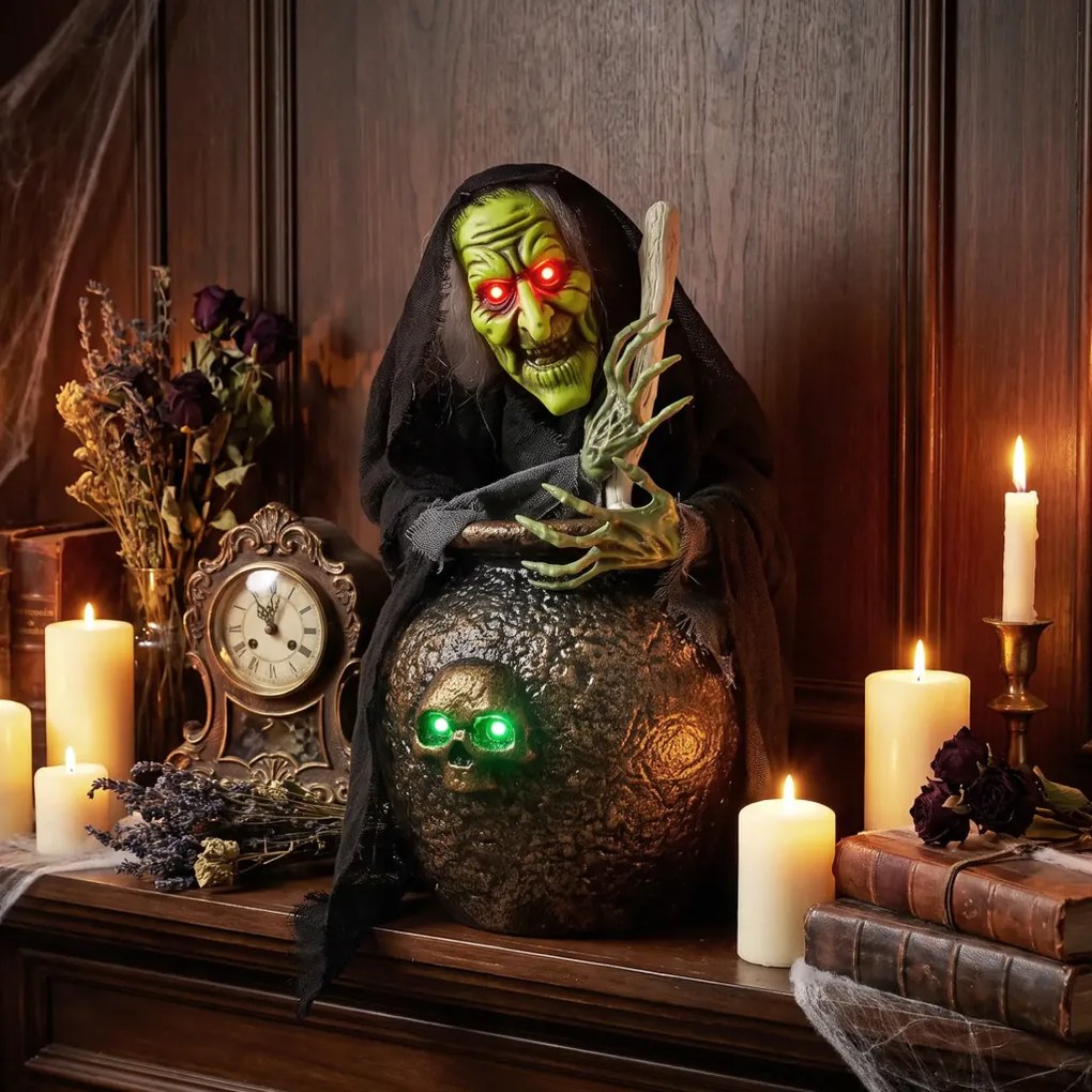 HOMCOM Animált Halloween asztali boszorkány nevető hanggal, ragyogó szemekkel