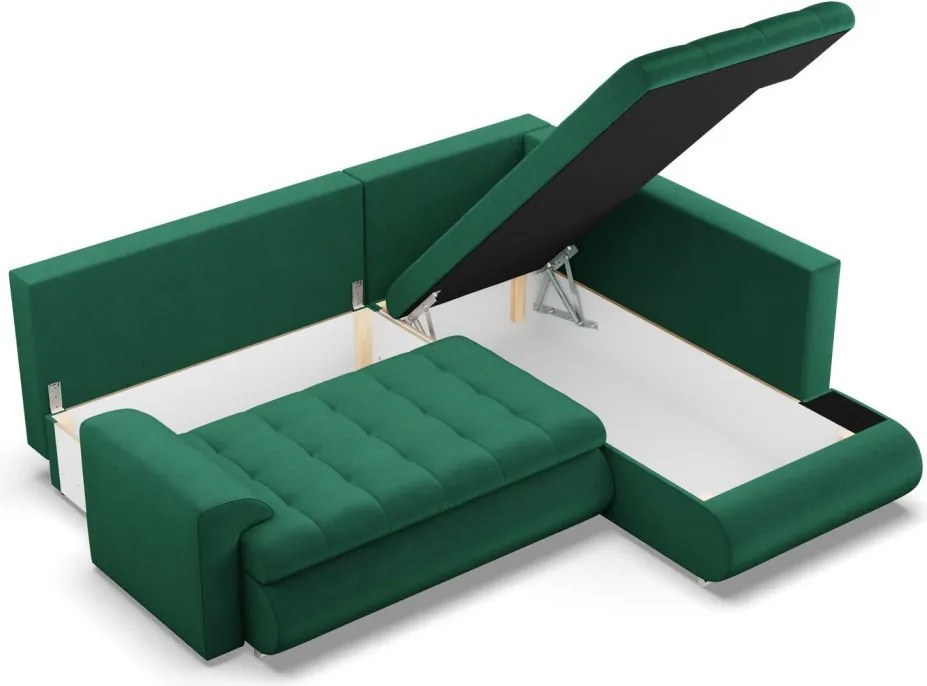 Tokio sarokkanapé, L alakú háttámlával, 2 ágyneműtartóval, bársony, jobboldali, zöld