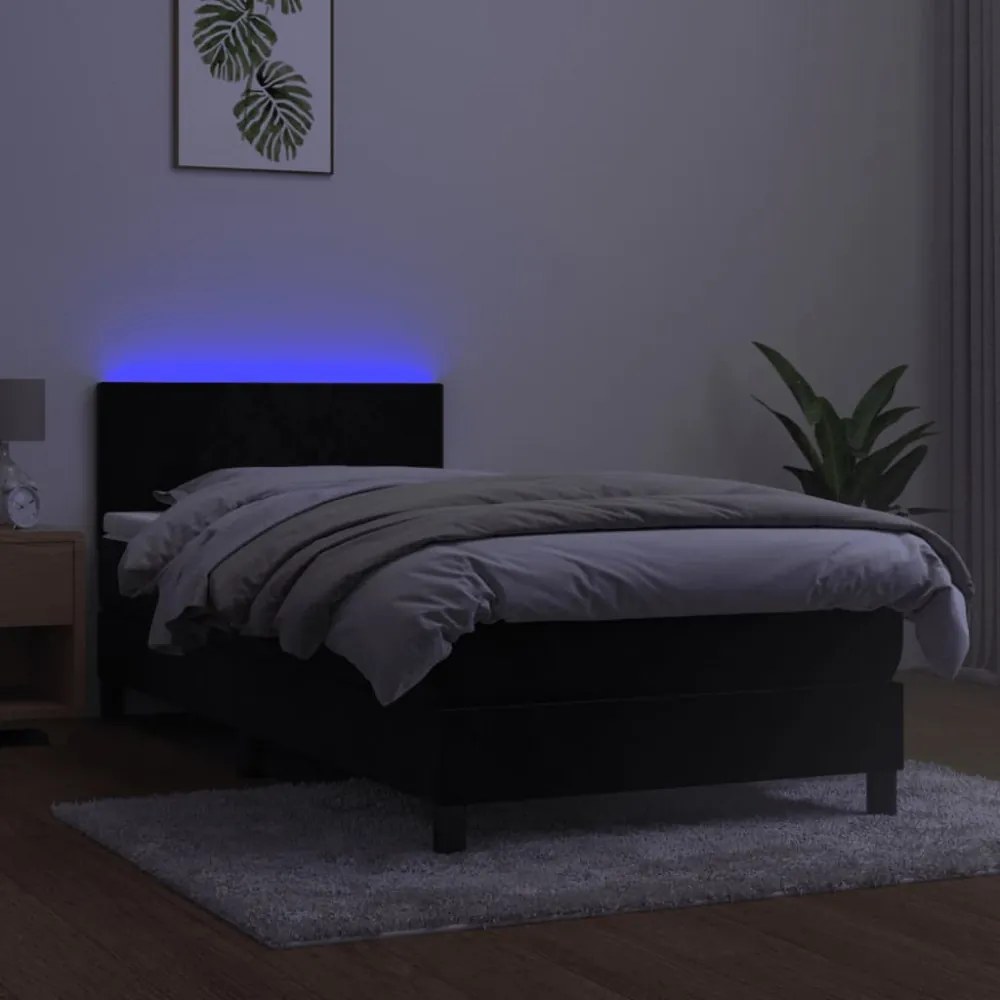 fekete bársony rugós és LED-es ágy matraccal 80 x 200 cm