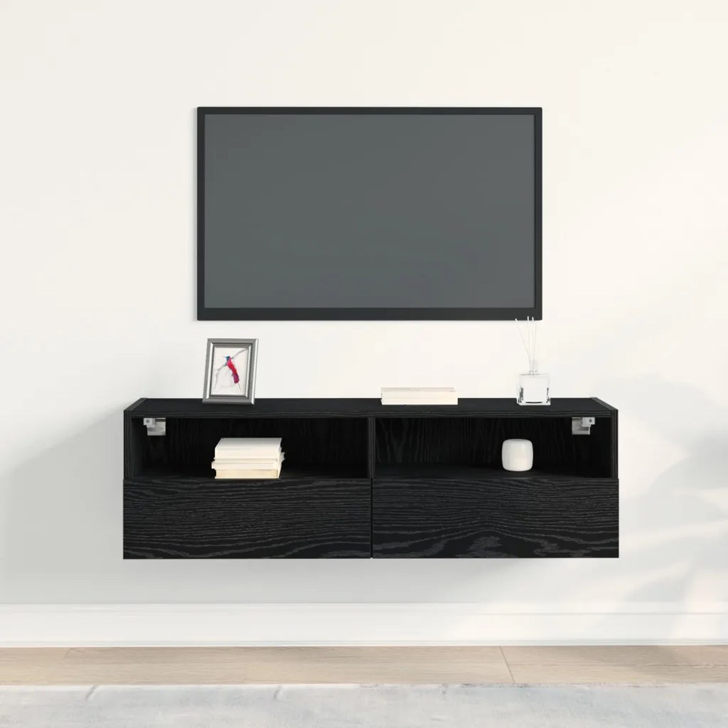 TV Fali Szekrény Fekete Tölgy 100x30x30 cm Műanyag Fa
