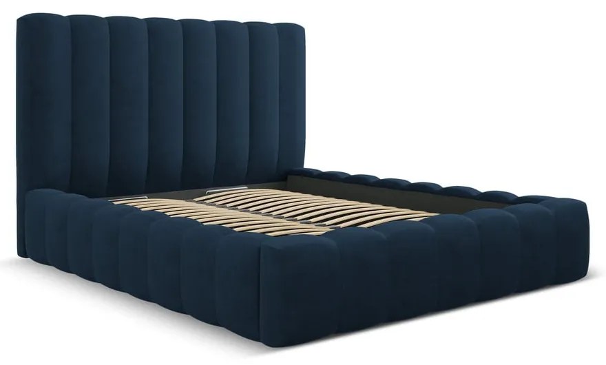 Sötétkék kárpitozott ágyneműtartós franciaágy ágyráccsal 160x200 cm Kelp – Micadoni Home