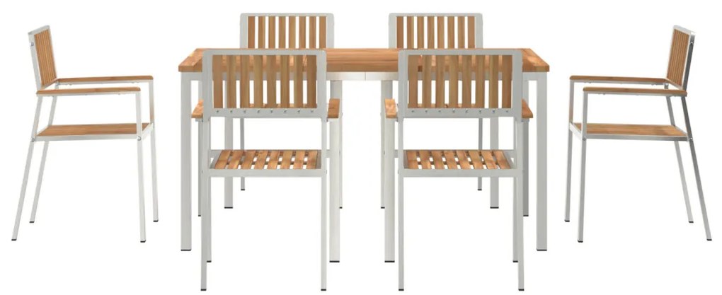 7 részes kert étkező szett tömör tíkfából, kültéri étkezőasztal 150x90x75 cm tömör tíkfából, összecsukható kerti székek 2 db tömör tíkfából és fémből, összecsukható kerti székek 4 db tömör tíkfából és fémből