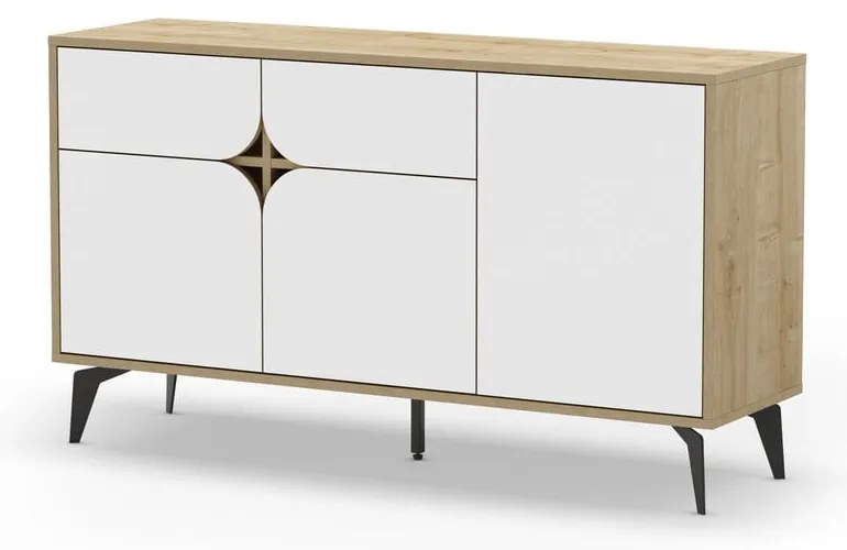 Fehér-natúr színű alacsony komód tölgyfa dekorral 140x79 cm Nola – Marckeric