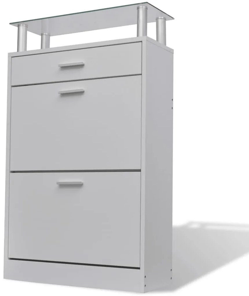 vidaXL Cipőszekrény fiókkal és üveg felső polccal fa fehér