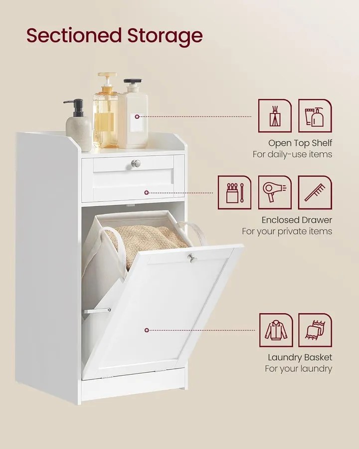 Fürdőszobai szekrény szennyeskosárral, fiókos fürdőszobai szekrény, felhőfehér