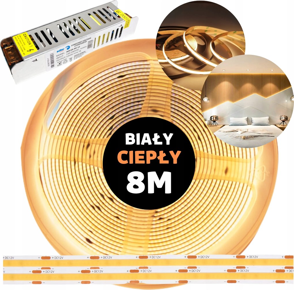 Cob Led szalag folyamatos vonal neon tápegységgel fehér meleg 12V 8M