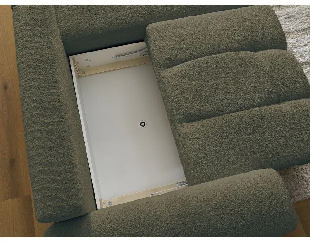 Khaki buklé kinyitható-tárolóhelyes sarokkanapé (jobb oldali-heverő résszel) Roxelane – Bobochic Paris