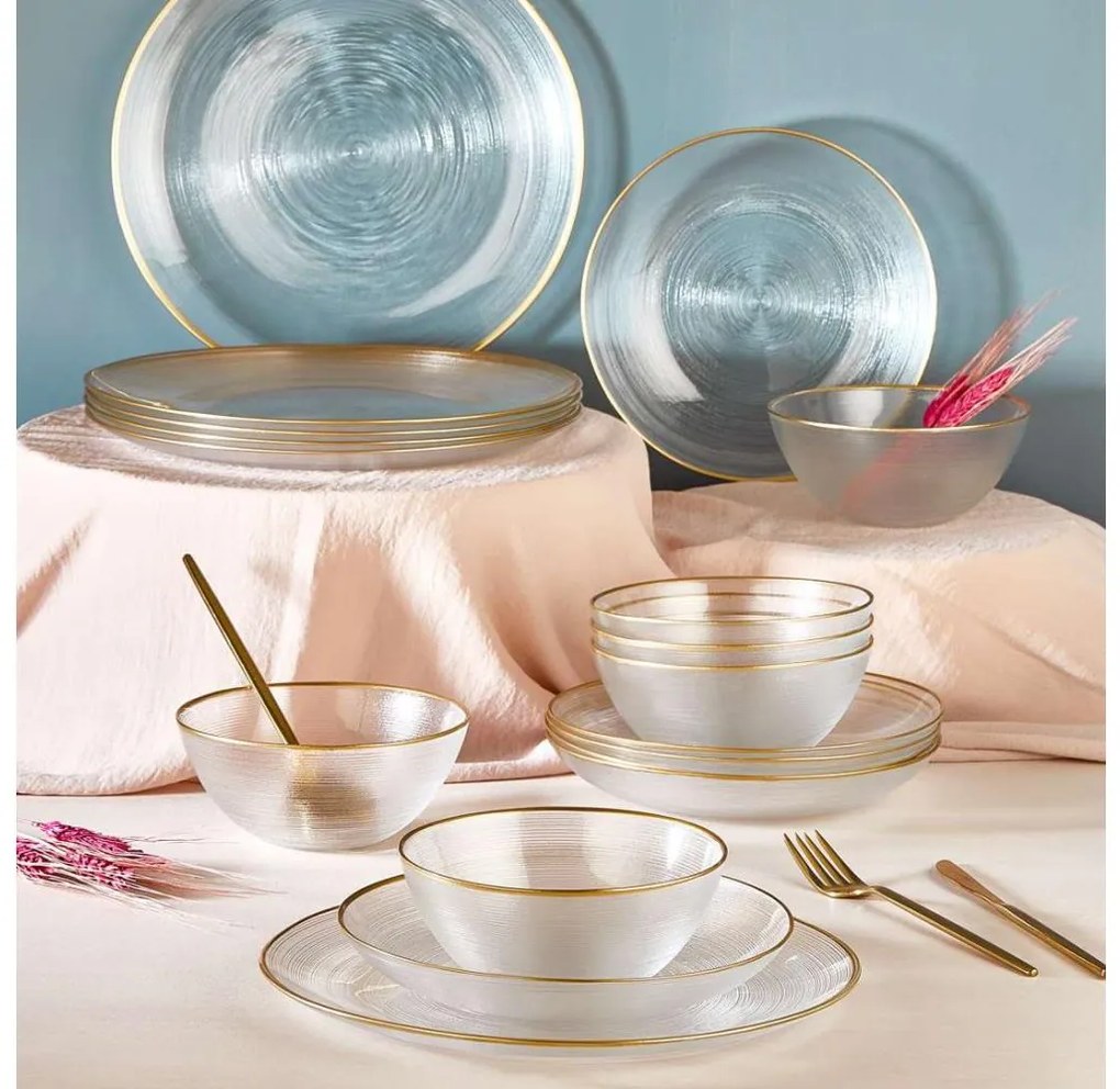 18 darabos étkészlet – átlátszó üveg, arany díszítés