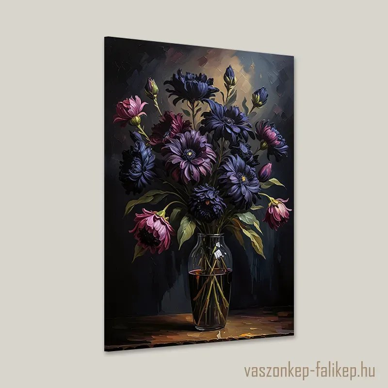 Lila és kék virágok üvegvázában – időtlen elegancia falra 40x60cm
