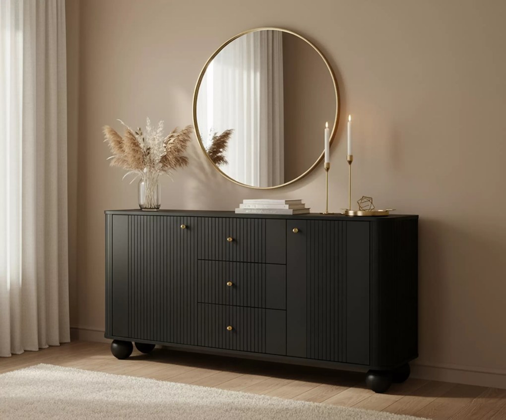 Vesper fiókos komód 160 cm - fekete / arany fogantyúk / gömb lábak