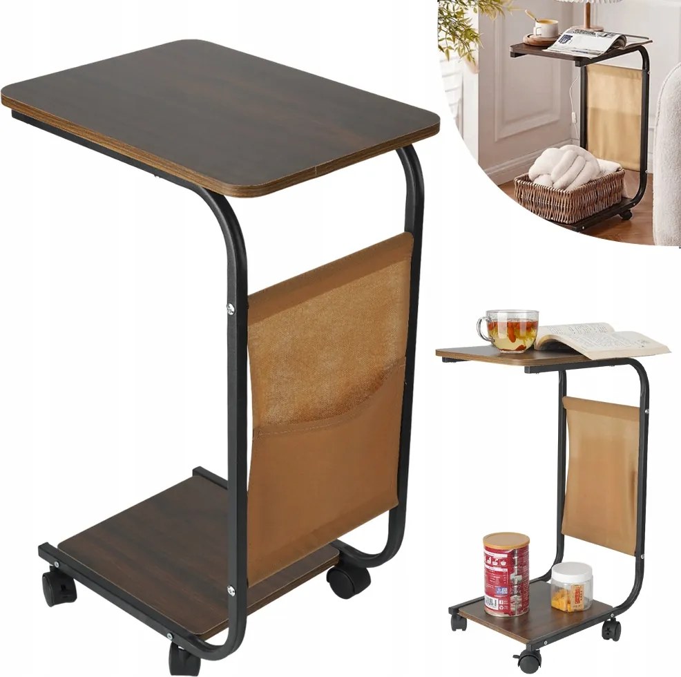 Oldalasztal Kerekekkel És Zsebbel 63CM, C-alakú, Mobil Kanapé/ágy Alá