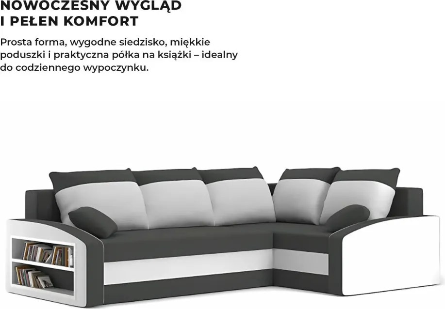 Grande sarokkanapé polcokkal , polc a bal karfaban, jobboldali, szövet anyag, bonell töltet, szürke - fehér