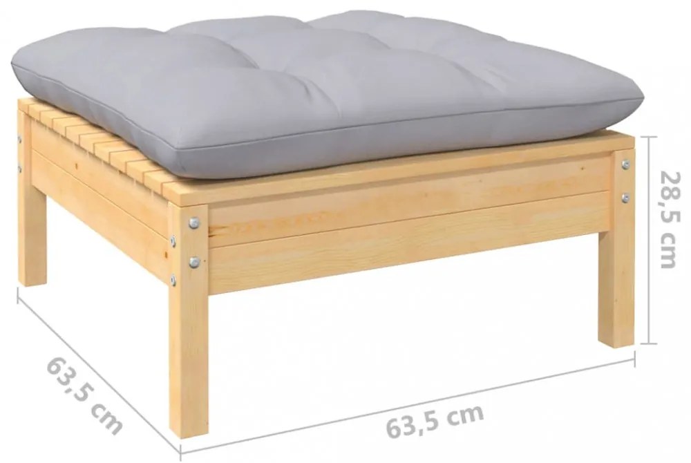 3 részes tömör fenyőfa kerti ülőgarnitúra szürke párnákkal