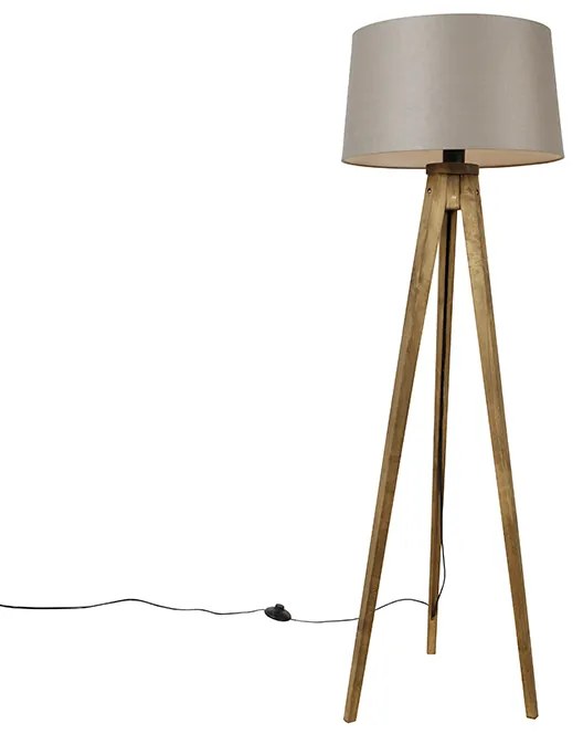 Rusztikus állólámpa háromlábú vintage fa, lenvászon búra bézs 45 cm - Tripod Classic