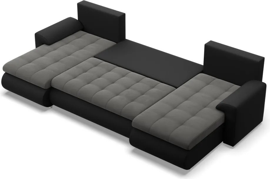Tokio U alakú sarokkanapé, 3 ágyneműtartóval, bársony + műbőr, univerzális oldal, szürke - fekete