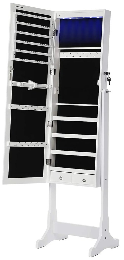 Led világító ékszerszekrény tükörrel, zárható ékszertartó 2 fiókkal, fehér