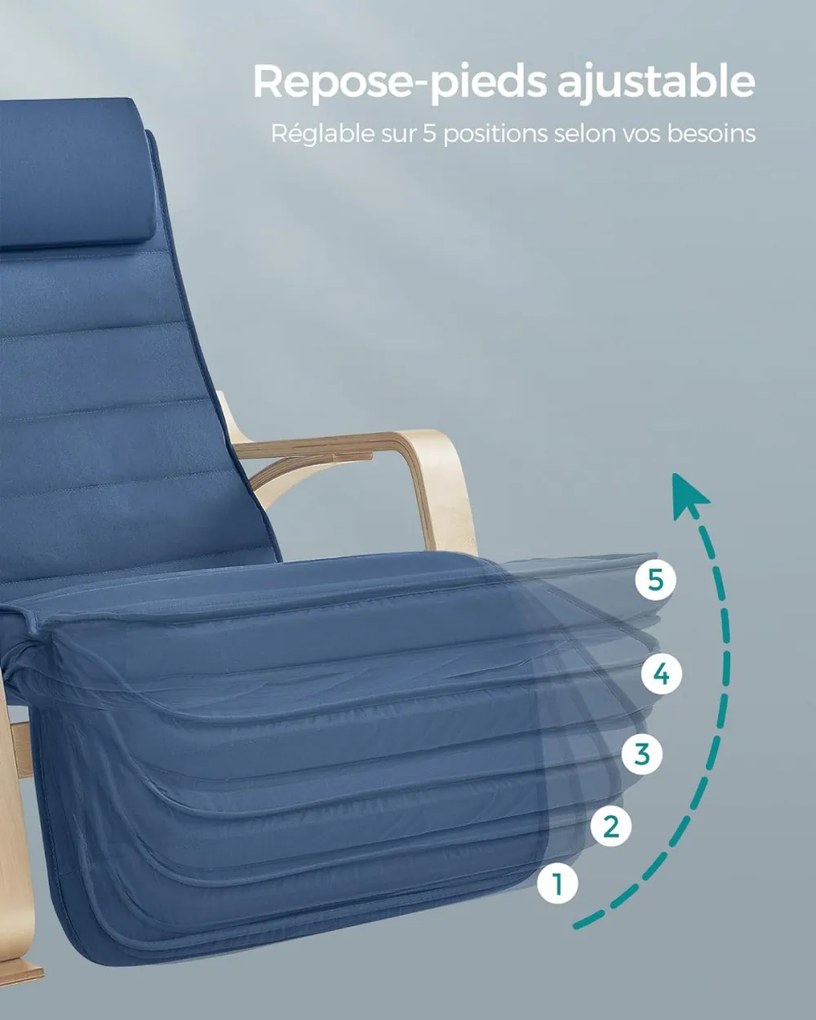 Hintaszék, nyírfából készült pihenő fotel, 5 pozícióban állítható lábrésszel, 150kg kék és natúr