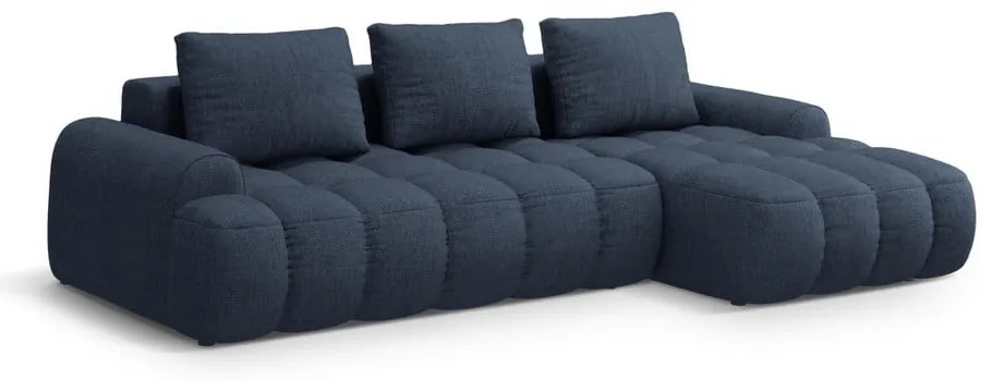 Sötétkék kinyitható-tárolóhelyes sarokkanapé (jobb oldali-heverő résszel) Linz – Cosmopolitan Design