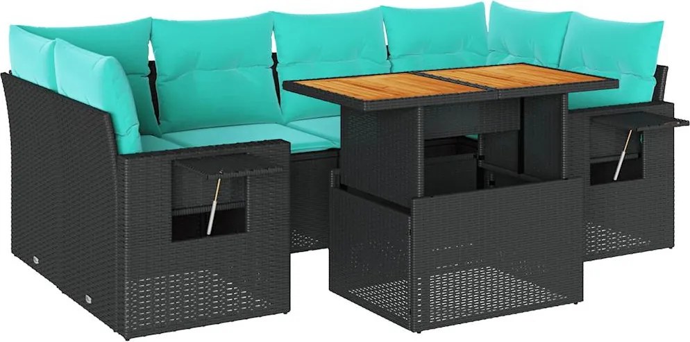 vidaXL 7 részes fekete polyrattan kerti ülőgarnitúra párnával