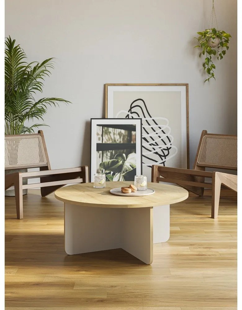 Krémszínű-natúr színű kerek dohányzóasztal tölgyfa dekoros asztallappal ø 80 cm Hillary – Marckeric