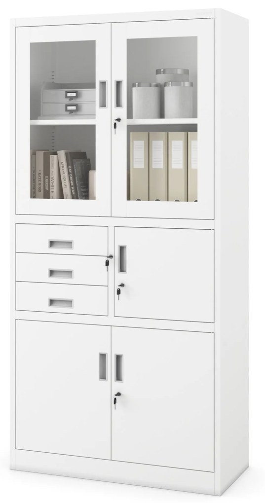 Fém iratszekrény széffel, vitrinnel és fiókokkal FILIP, 900 x 1850 x 400 mm, fehér
