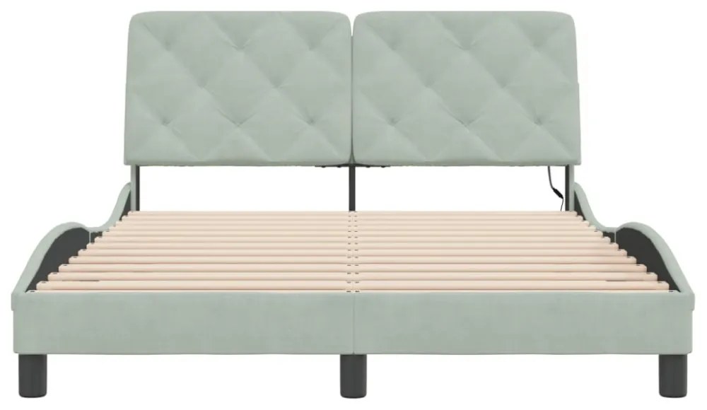 világosszürke bársony ágykeret LED-ekkel matrac nélkül 140 x 200 cm