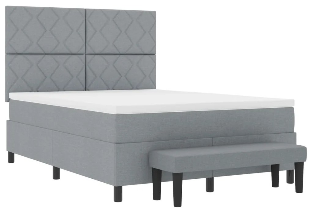 Boxspring ágy matraccal és pad állványos világosszürke 140x200 cm szövet
