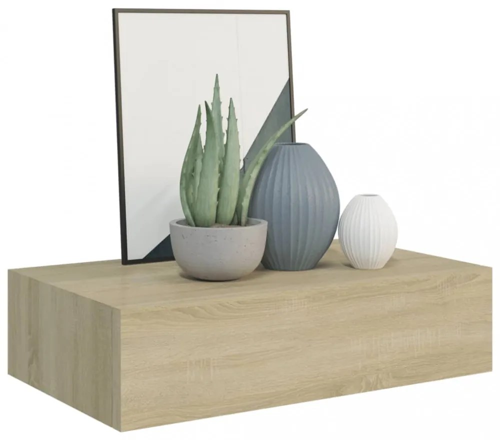 2 db tölgyszínű MDF falra szerelhető fiókos polc 40x23,5x10 cm
