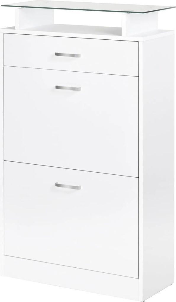 HOMCOM Cipőszekrény Cipőtartó 3 Fiókkal Üveg Polccal és Alumínium Fogantyúval Előszobába 50 kg Teherbírással 60x24x105.5 cm Fehér | Aosom