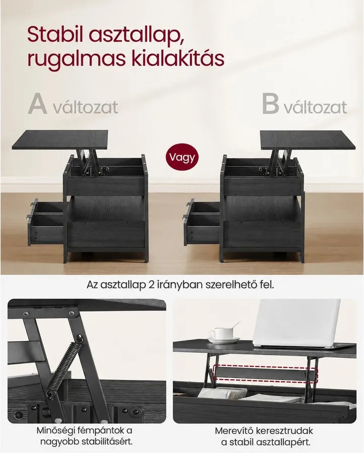 VASAGLE emelhető tetejű dohányzóasztal fiókokkal és rejtett rekeszekkel, szürke / tinta fekete