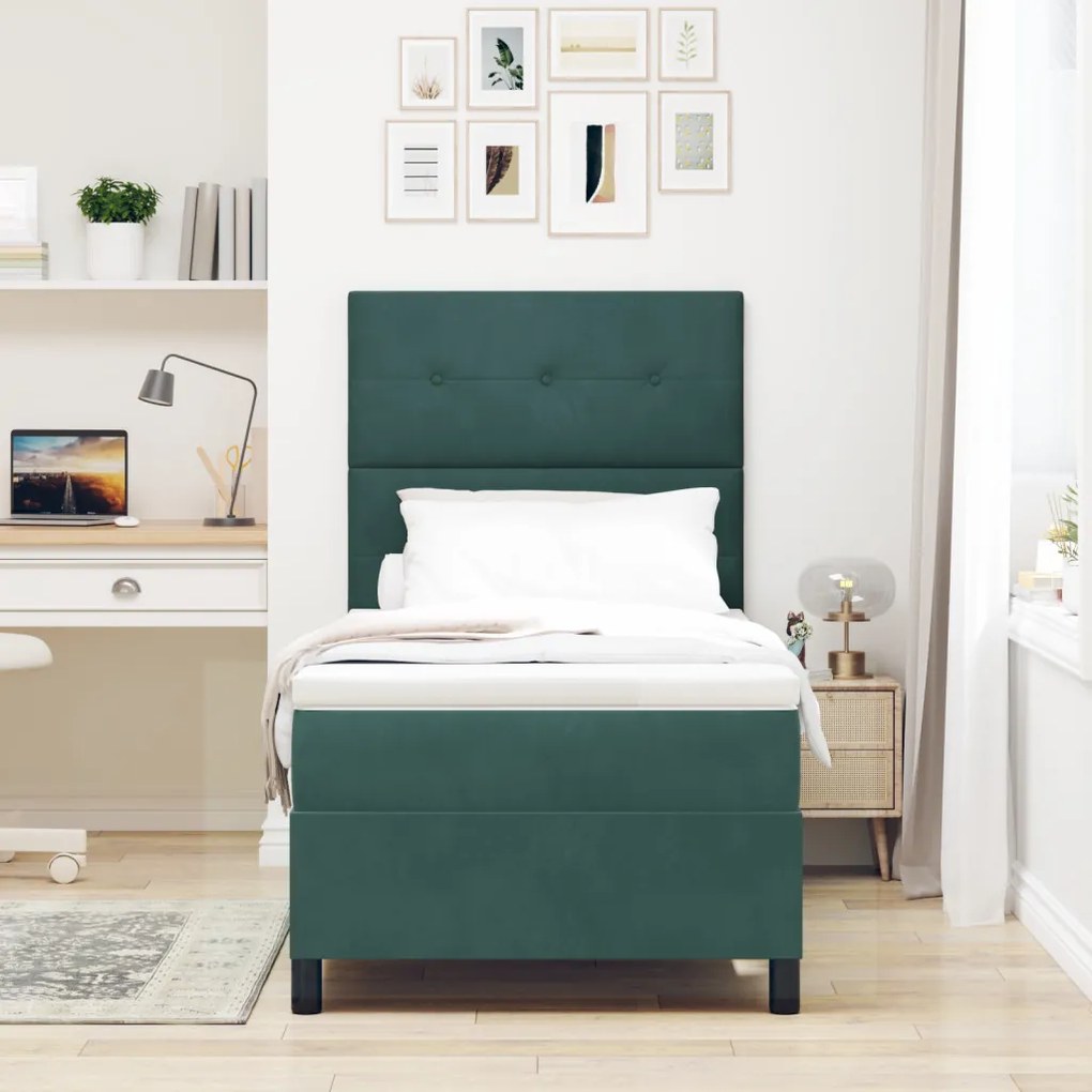 Boxspring Ágy Matrac és LED Sötét Zöld 90x190 cm Bársony