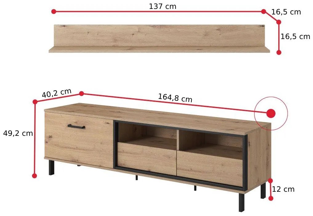 LASANO TV asztal, 164,8x49,2x40,2, tölgy artisan/antracit