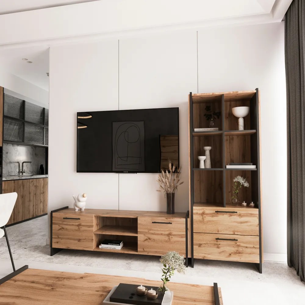 Nyitott polcos szekrény, wotan tölgy/fekete, AMONI 2S