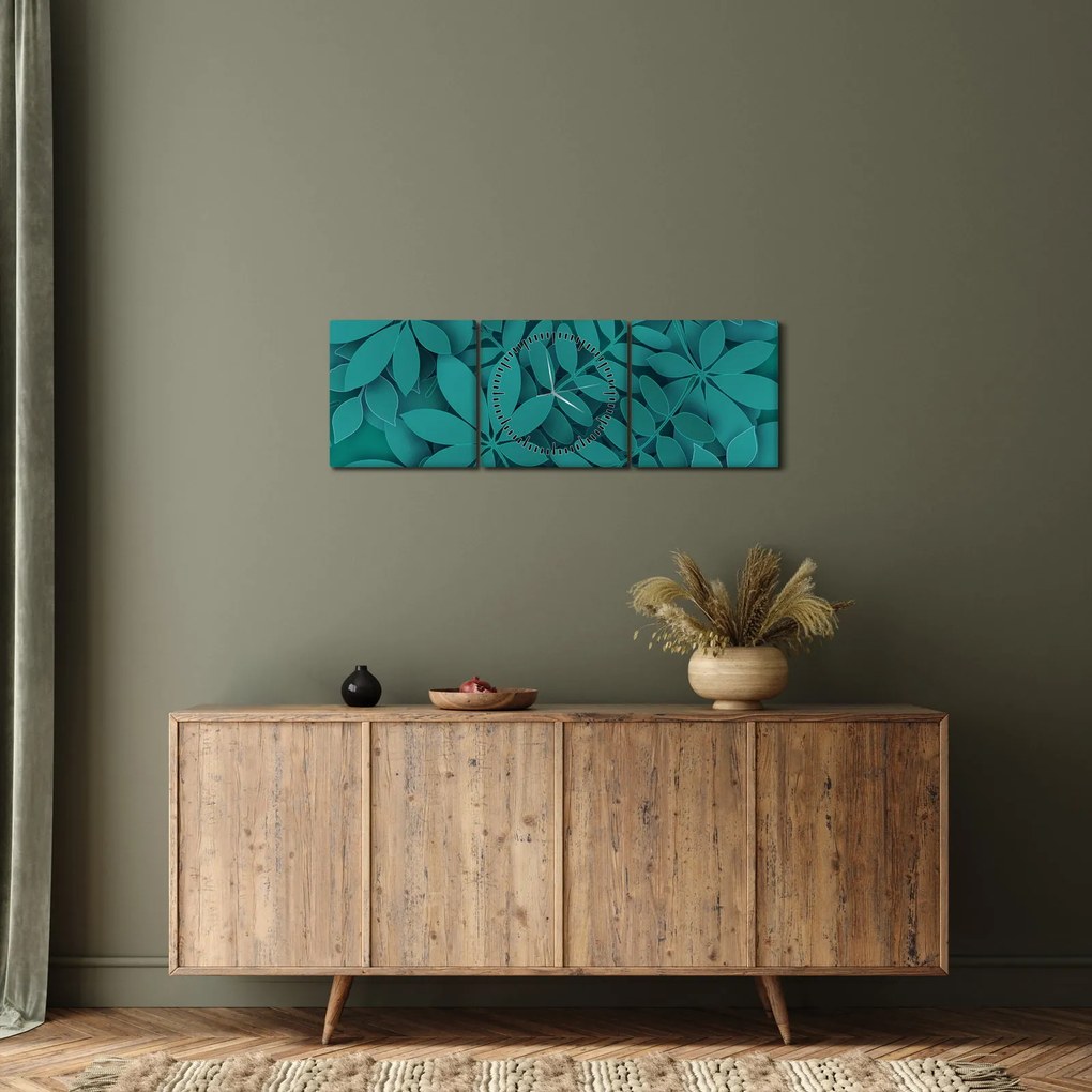 Kép - Türkiz levelek (órával) (90x30 cm)