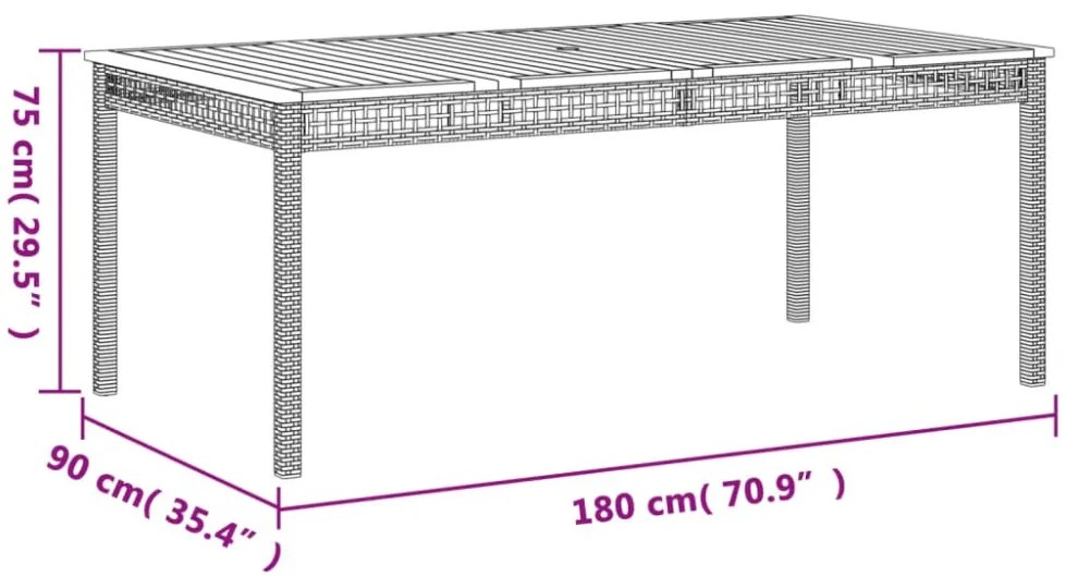 szürke polyrattan és akácfa kerti asztal 180 x 90 x 75 cm