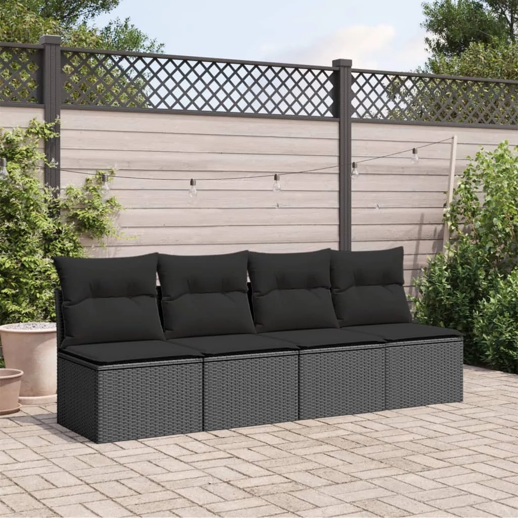 4 személyes fekete polyrattan kerti kanapé párnával