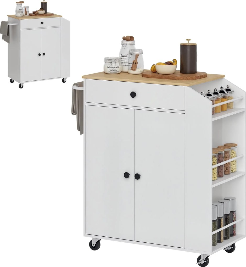 HOMCOM Konyhasziget Konyhai Kocsi Kerekeken Munkaasztallal, Konyhaasztal Fiókkal, Fűszerpolccal, Polccal, Törölközőtartóval, Szerviztálca a Konyhába é
