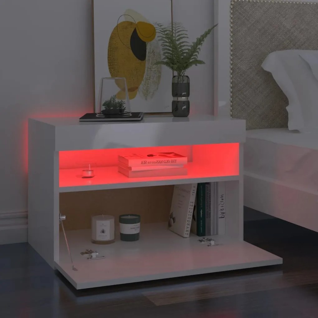 Magasfényű fehér éjjeliszekrény LED-lámpákkal 60 x 35 x 40 cm