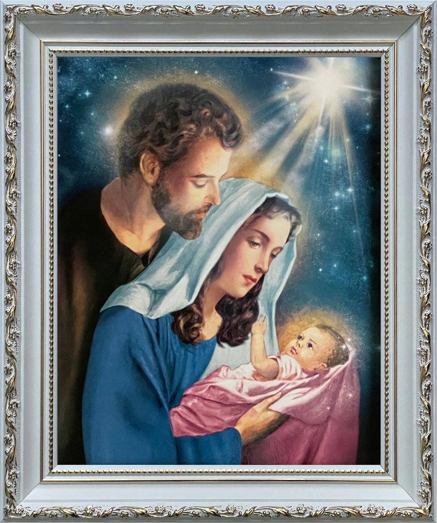 Vászonkép 31x26 Szent Család Jézus Krisztus József Mária Fehér Díszített Keret
