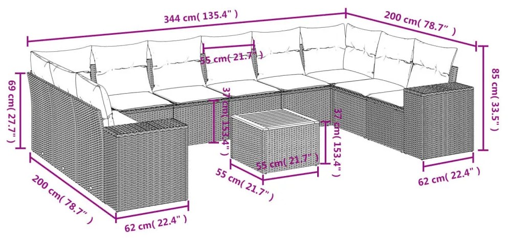 11 részes szürke polyrattan kerti ülőgarnitúra párnákkal