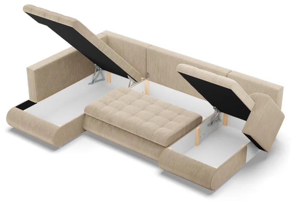 Tokio U sarokkanapé, 3 ágyneműtartóval, kordbársony, baloldali, bézs