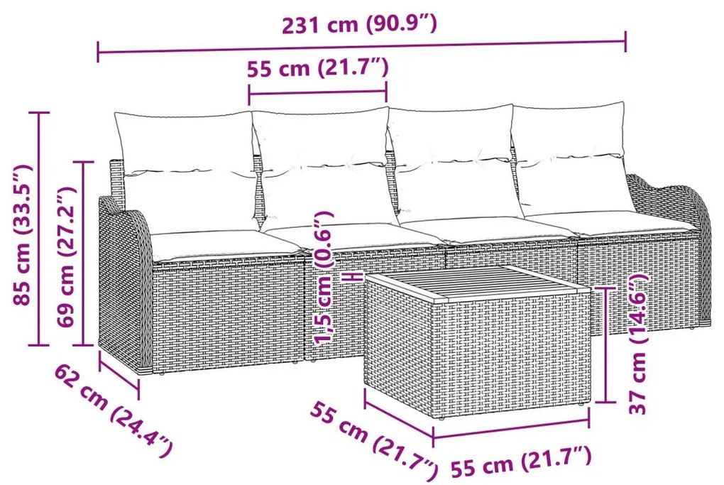 5 Részes Kerti Kanapé Szett Párnákkal Fekete Poli Rattan Akác, 2-Fős Kerti Kanapé Párnákkal Fekete Poli Rattan