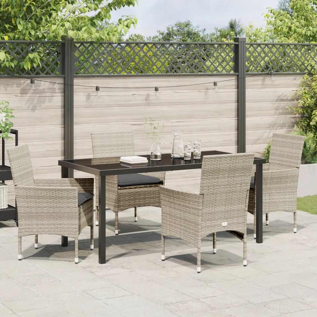 5 Részes Kerti Étkező Szett Párnákkal Világosszürke Poly Rattan, Kerti Asztal Fekete 160x80x73 cm Edzett Üveg