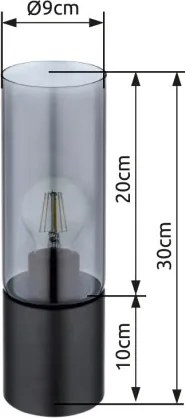 Globo 21000TB Asztali lámpa, matt fekete fém, füstszínű üveg búra, fekete textil kábel, billenő kapcsoló a kábelen, ø: 90mm, M: 300mm, Kábel hosszúság 1500mm, exkl. 1x E27 25W 230V