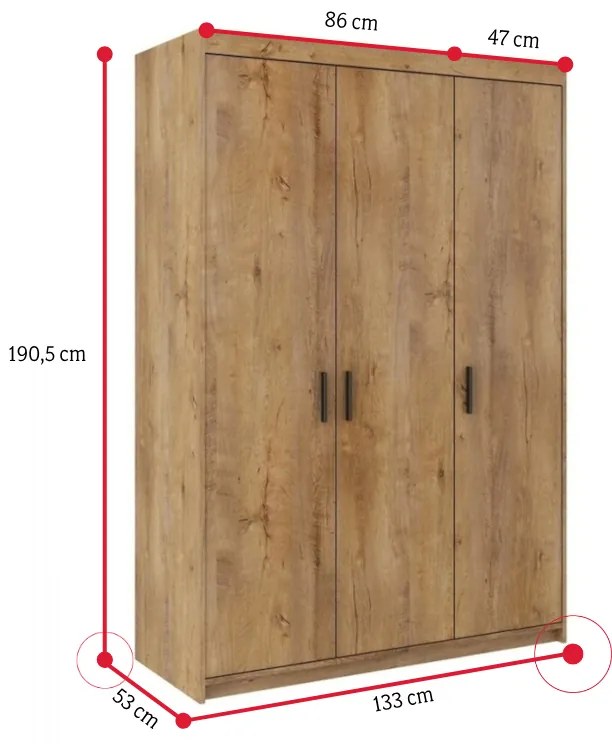ELLENA 3D ruhásszekrény, 190x133x53 cm, lefkas tölgy
