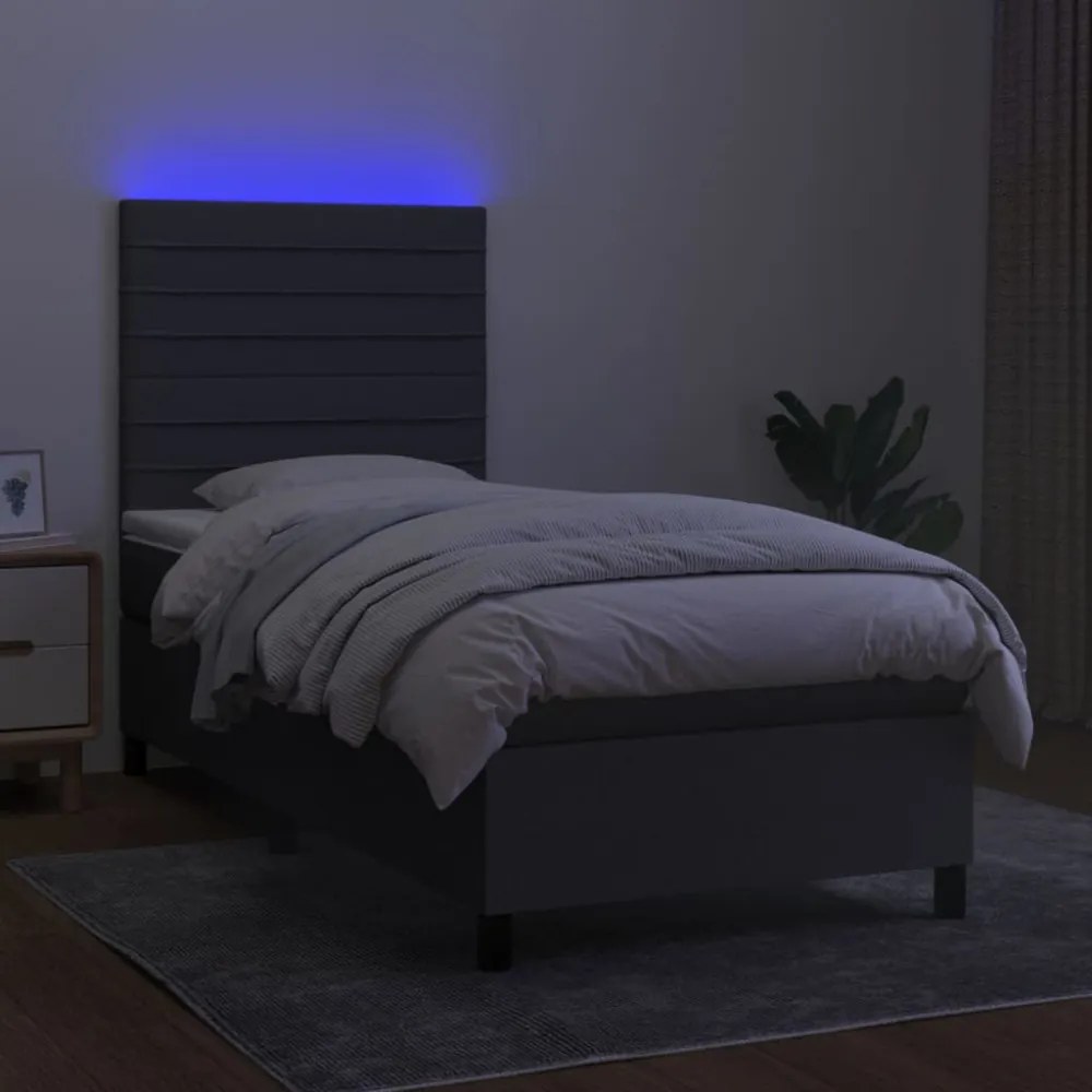 sötétszürke szövet rugós és LED-es ágy matraccal 100x200 cm