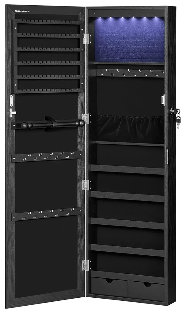 Fali ékszerszekrény, tükrös szekrény 6 led izzóval, fekete